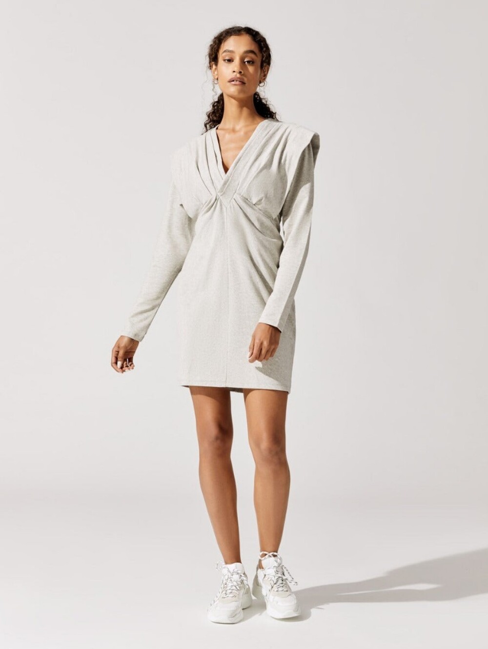 IRO Paris Emylie Gray Mini Dress Small Long Sleeve V Neck Cotton Blend MSRP $295